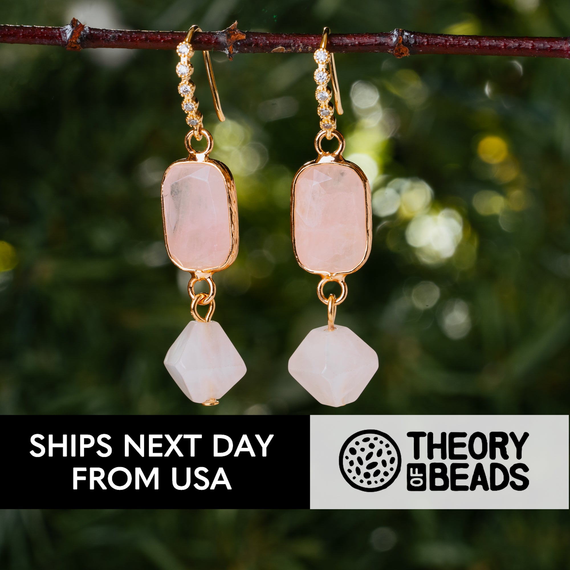 Pink Rose Quartz Geometric Dangle Earrings