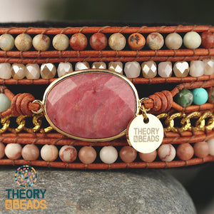 Handmade pink and gold natural rhodonite stone five leather wrap bracelet