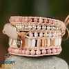 Theory of Beads natural rose quartz and sunstone crystal five leather wrap bracelet 