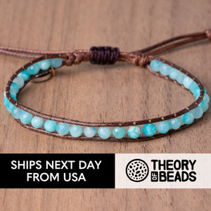 Stackable amazonite stone bracelet with single leather strap