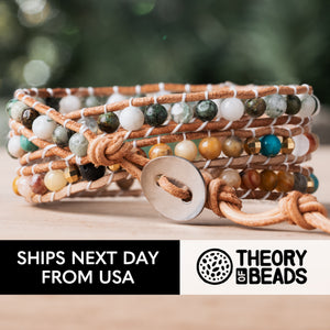 Theory of beads natural jade and onyx stone bracelet with three leather wraps