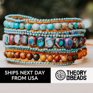 Theory of Beads triple leather wrap bracelet with blue sea sediment jasper