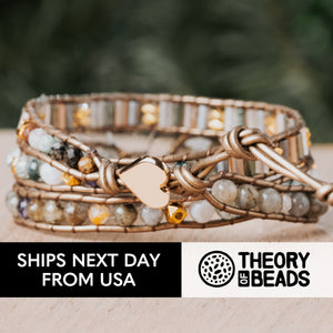 Theory of beads natural labradorite stone bracelet with three leather wraps