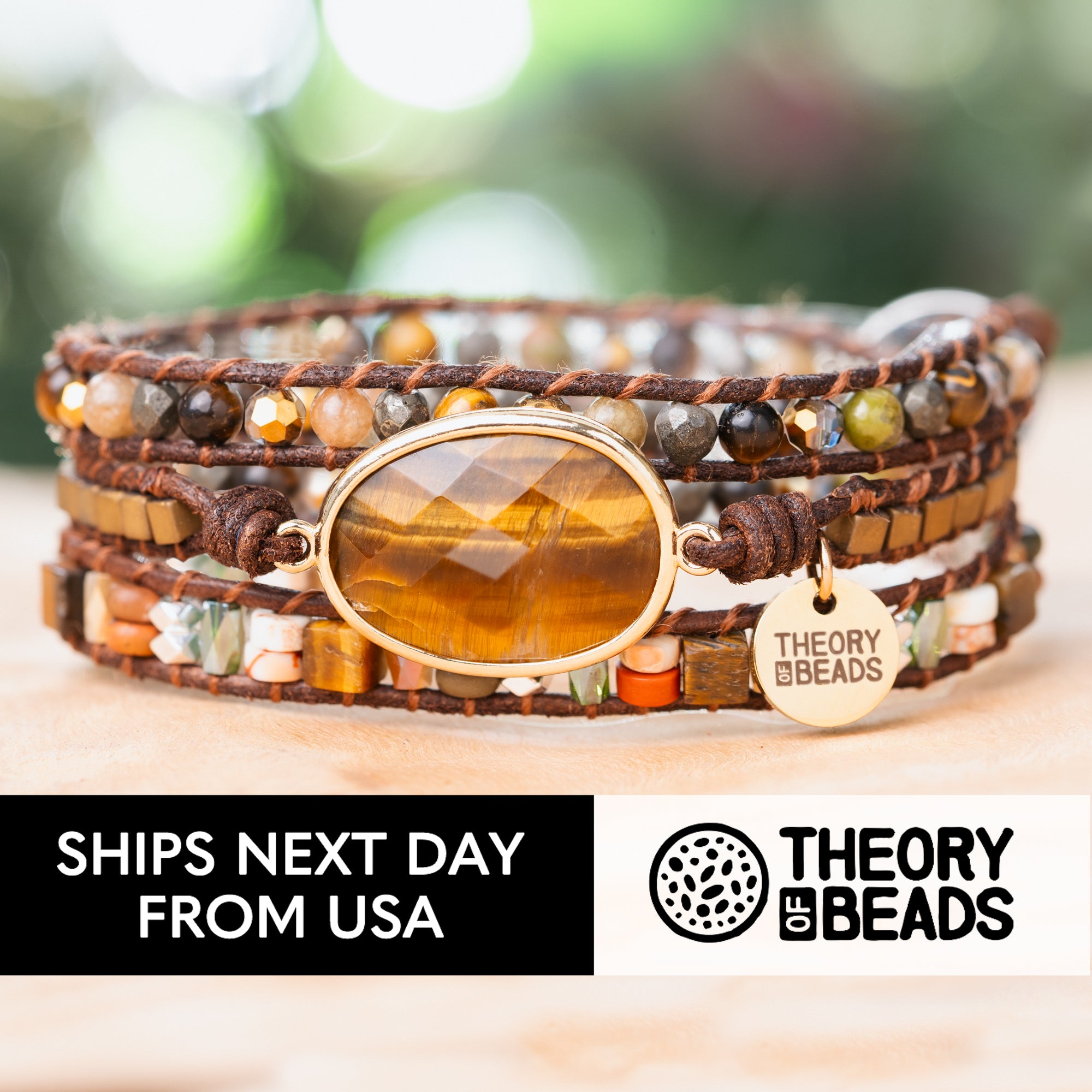 Theory of beads brown and yellow Tiger's eye five leather wrap bracelet 