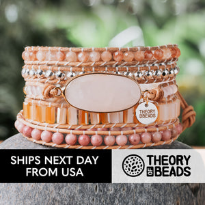 Pink and orange sunstone and rose quartz five leather wrap bracelet 