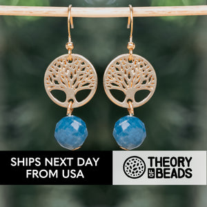 Gold tree of life and blue stone earrings by Theory of Beads