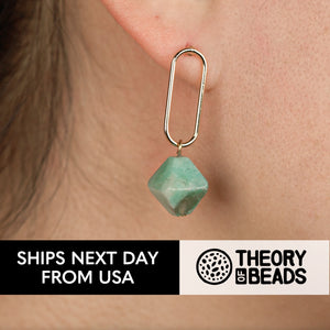 Theory of Beads' geometric earrings in Light Blue and Gold with amazonite stones