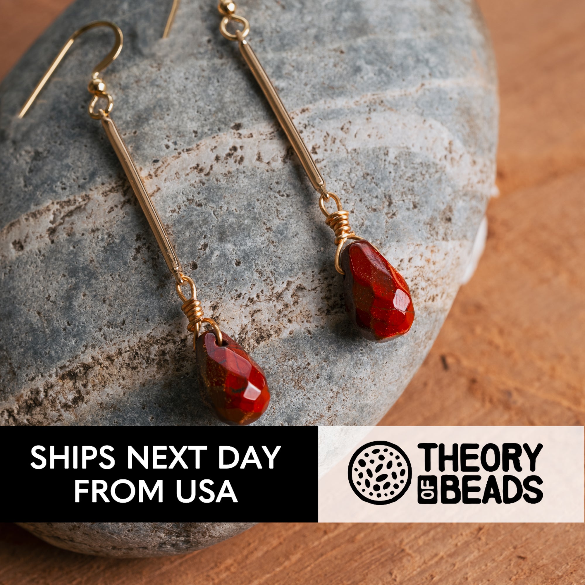 Theory of Beads Red and Gold Dangle Earrings for Women