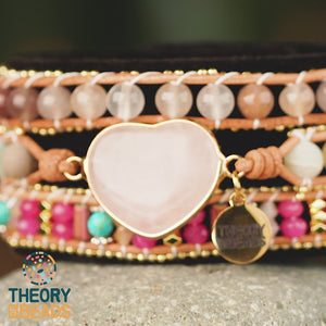 Three leather wrap bracelet with pink rose quartz bracelet 