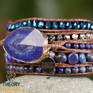 Healing stone bracelet. Lapis Lazuli crystal bracelet with five leather wraps