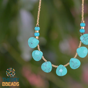 Treehut natural stone necklace with blue teardrop handcut turquoise stones and gold beads