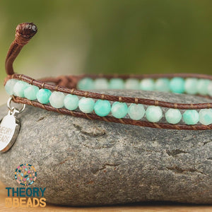 Handmade amazonite stone bead bracelet with genuine leather straps