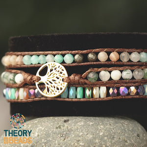 Three leather wrap tree of life charm bracelet with amazonite stone