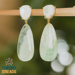 White and light green oval natural crystal earrings by Theory of Beads